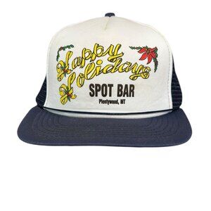 Vintage Spot Bar Plentywood MT Trucker Hat Happy Holidays Snapback Mesh Black